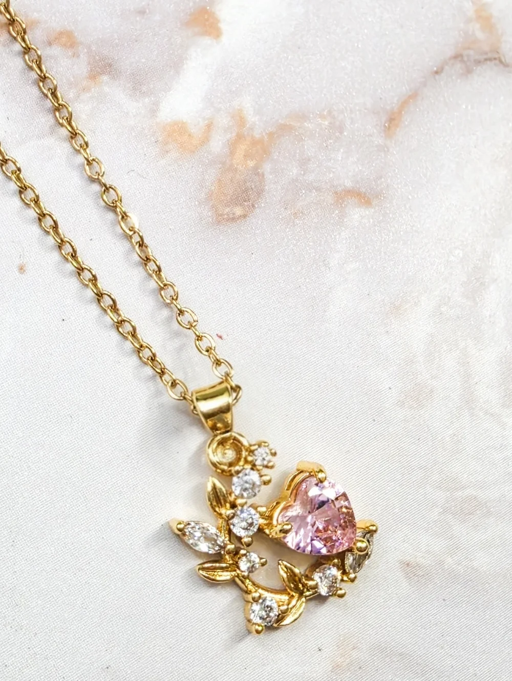 Dainty Gold Heart & Leaf Pendant Necklace Pink Crystal Jewelry